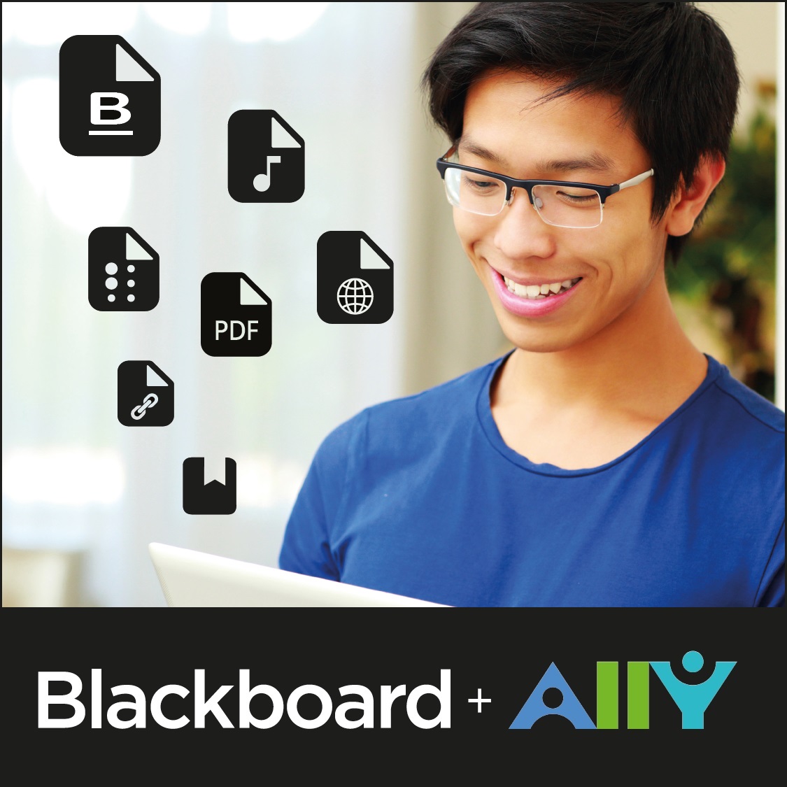 En gutt som ser på PC-skjermen sin og smiler. I lufta rundt ham er det logoer som representerer ulike filformat. Nederst i bildet står det Blackboard Ally.
